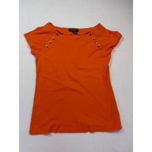 Lauren Ralph Lauren Orange Boat Neck Button Shoulder Cotton Top Womens Medium
